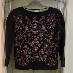 J. Jill Black Sweater with Purple Floral Design